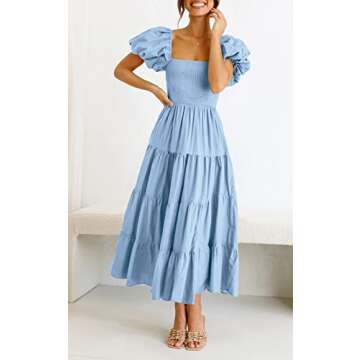 CFLONGE Women's 2024 Summer Casual Boho Beach Dress Square Neck Puff Sleeve High Waist Ruffle Flowy A Line Maxi Sun Dresses(Light Blue,Small)