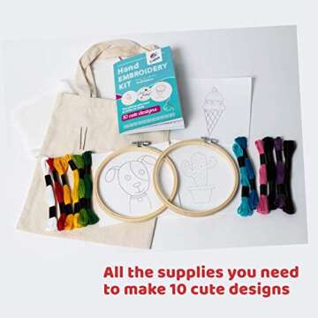 CraftLab Embroidery Sewing Kit for Beginners, Kids Craft Kit Gift for Girls Boys Ages 8-12, 10 Projects, Embroidery Hoops, Fabric, Patterns, Floss, Needles, Needlepoint Cross Stitching Supplies