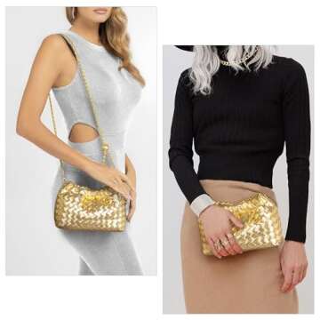 Woven Leather Small Crossbody Bag For Women Trendy. Dumpling Bag Ruched Clutch Purse For Women Gold Evening Bag. Metallic Hobo Bag Cloud Purse Shoudler Bag