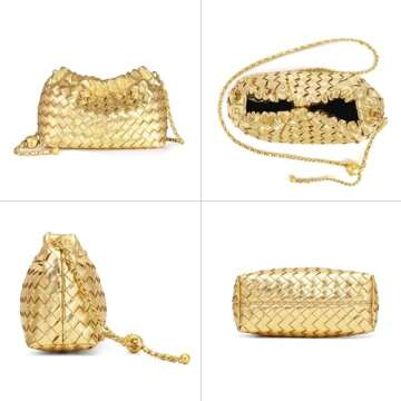 Woven Leather Small Crossbody Bag For Women Trendy. Dumpling Bag Ruched Clutch Purse For Women Gold Evening Bag. Metallic Hobo Bag Cloud Purse Shoudler Bag