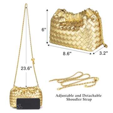Woven Leather Small Crossbody Bag For Women Trendy. Dumpling Bag Ruched Clutch Purse For Women Gold Evening Bag. Metallic Hobo Bag Cloud Purse Shoudler Bag