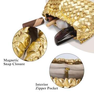 Woven Leather Small Crossbody Bag For Women Trendy. Dumpling Bag Ruched Clutch Purse For Women Gold Evening Bag. Metallic Hobo Bag Cloud Purse Shoudler Bag