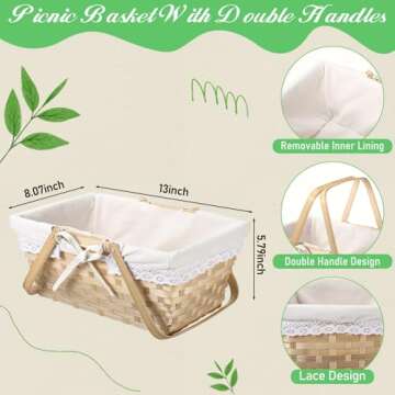 LOYIM Picnic Basket with Double Foldable Handles and Removable Liner, Woven Basket Empty Picnic Hamp...