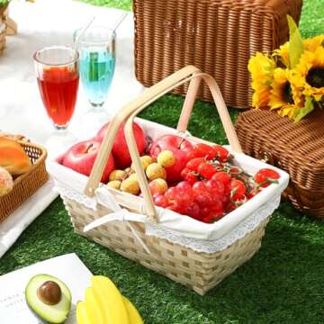LOYIM Picnic Basket with Double Foldable Handles and Removable Liner, Woven Basket Empty Picnic Hamper for Picnic, Camping, Outdoor, Halloween, Easter, Birthday(Lace Liner,White)