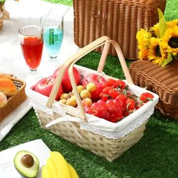 LOYIM Picnic Basket with Double Foldable Handles and Removable Liner, Woven Basket Empty Picnic Hamper for Picnic, Camping, Outdoor, Halloween, Easter, Birthday(Lace Liner,White)