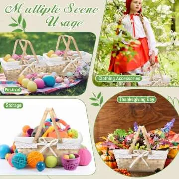 LOYIM Picnic Basket with Double Foldable Handles and Removable Liner, Woven Basket Empty Picnic Hamper for Picnic, Camping, Outdoor, Halloween, Easter, Birthday(Lace Liner,White)