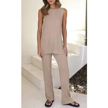 Tankaneo Two Pieces Outfits Sleeveless Top Knit Sets Trendy Lounge Long Pajamas Set Camel