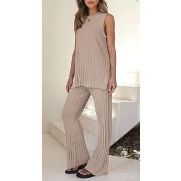 Tankaneo Two Pieces Outfits Sleeveless Top Knit Sets Trendy Lounge Long Pajamas Set Camel