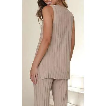 Tankaneo Two Pieces Outfits Sleeveless Top Knit Sets Trendy Lounge Long Pajamas Set Camel