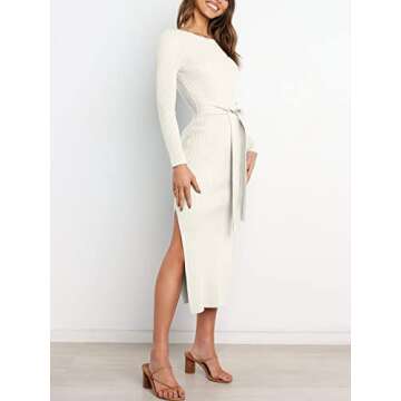ANRABESS Womens Long Sleeve Sweater Dress Crew Neck Slim Fit Slit Tie Waist 2025 Ribbed Knit Bodycon Midi Dress Fall Outfits 623mibai-XL White