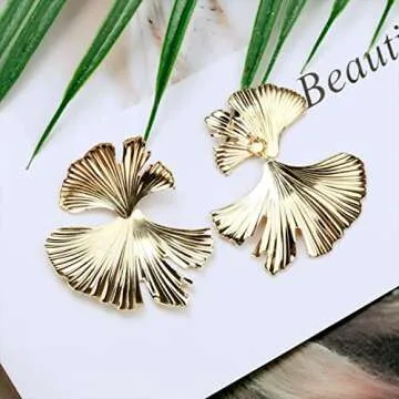 T-ztoss Bohemian Gold Elegant Flower Fashion Dangle Earring Cute Metal Flower Earrings Unique Chic 3D Large Flower Jewelry Gift for Women (ginkgo leaf)