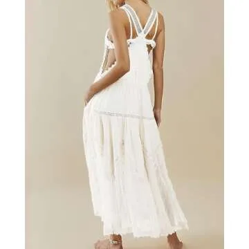 ebossy Women's Laced Embroidered Tulle Bib Dress Casual Loose Adjustable Straps Maxi Dress (XS, Whit...
