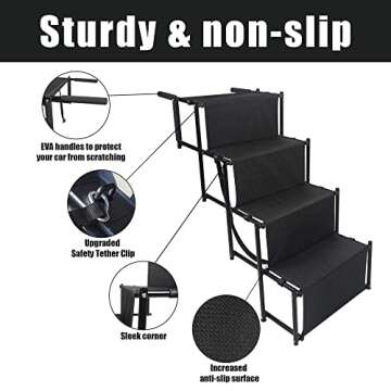 YEP HHO 4 Steps Upgraded Folding Pet Stairs Ramp Lightweight Portable Cat Dog Ladder with Waterproof Surface Great for Cars Trucks SUVs (Black-New)