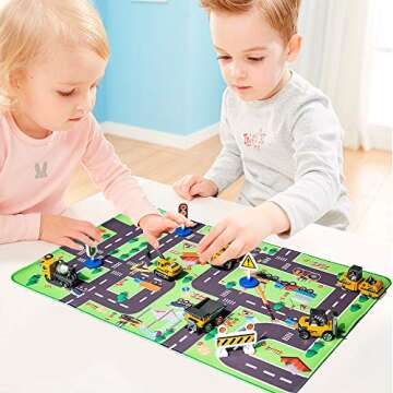 Construction Vehicles Toys with Play Mat, 6 Construction Cars, 6 Road Signs and 15.5" x 23.5" Playmat, Mini Diecast Cars Play Sets, Toy Trucks, Perfect Toy Cars Party Supplies…