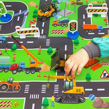 Construction Vehicles Toys with Play Mat, 6 Construction Cars, 6 Road Signs and 15.5" x 23.5" Playmat, Mini Diecast Cars Play Sets, Toy Trucks, Perfect Toy Cars Party Supplies…