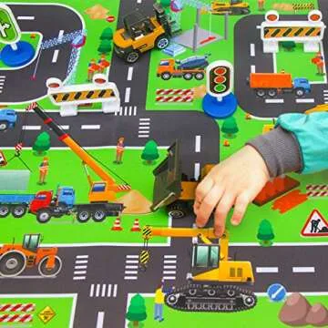 Construction Vehicles Toys with Play Mat, 6 Construction Cars, 6 Road Signs and 15.5" x 23.5" Playmat, Mini Diecast Cars Play Sets, Toy Trucks, Perfect Toy Cars Party Supplies…
