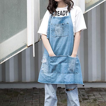 CACHIL Adjustable Denim Apron with 5 Pockets for Cooking