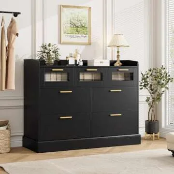 HOSTACK Modern 7 Drawer Dresser, Wide Chest of Drawers with Fence, Wood Storage Organizer with Gold ...