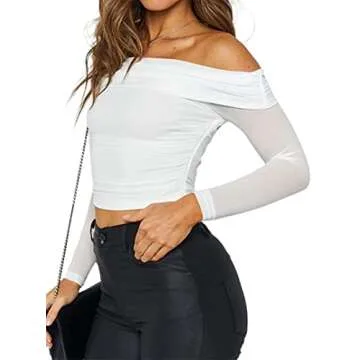Remidoo Women's Sexy Long Sleeve Off Shoulder Mesh Crop Top Going Out T Shirt White Large