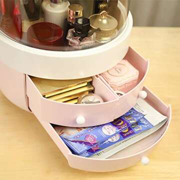 Multifunctional Makeup Organizer with Dustproof Jewelry and Cosmetic Storage Skin Care Products Rack Dressing Table Desktop Finishing Box with Drawer on Countertop (White-pink)