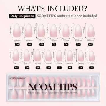 BTArtboxnails XCOATTIPS Ombre Nails - Press on Nails Medium, 150Pcs Almond Nail Tips Pink White Gradient Soft Gel False Nail Tips Soak Off Fake Nails Extensions DIY 15 Sizes