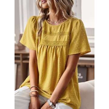 Falechay Summer Tops Tunic Tops Crew Neck Short Sleeve Womens Shirts Dressy Casual Fashion Smocked P...