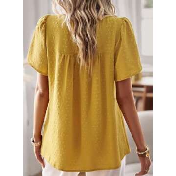 Falechay Summer Tops Tunic Tops Crew Neck Short Sleeve Womens Shirts Dressy Casual Fashion Smocked Peasant Yellow Blouses for Women Spring XS