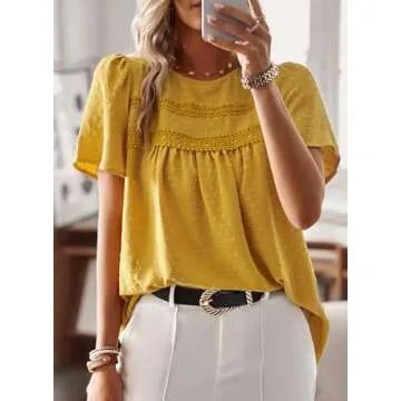 Falechay Summer Tops Tunic Tops Crew Neck Short Sleeve Womens Shirts Dressy Casual Fashion Smocked Peasant Yellow Blouses for Women Spring XS