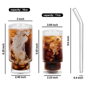 Combler Ribbed Glass Cups with Glass Straws, 16 oz Drinking Glasses, Iced Coffee Cup, Ribbed Glassware Set of 4, Aesthetic Cocktail Glasses, Thick Glass Coffee Cups, Coffee Bar Accessories