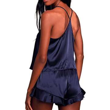 CHYRII Women's Sexy Ruffle Pajamas Sets Satin Silk Cami Shorts Sets Sleepwear Navy XS