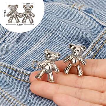 TOOVREN Cute Bear Button Pins for Jeans, No Sew and No Tools Instant Pant Waist Tightener, Adjustable for Loose Jeans 4 Sets Jeans Button Replacement Pant Clips for Waist Buckle
