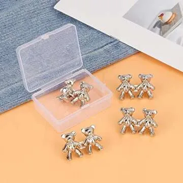 TOOVREN Cute Bear Button Pins for Jeans, No Sew and No Tools Instant Pant Waist Tightener, Adjustable for Loose Jeans 4 Sets Jeans Button Replacement Pant Clips for Waist Buckle