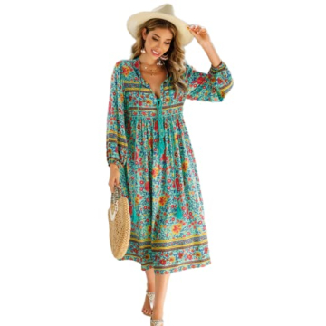R.Vivimos Women's Long Sleeve Floral Print Retro V Neck Tassel Bohemian Midi Dress (Large, Green)