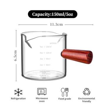 BCnmviku Double Spouts 150ML /5OZ Measuring Triple Pitcher Milk Cup with Wood Handle Espresso Shot Glasses Parts Clear Glass (1)