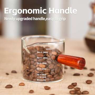 BCnmviku Double Spouts 150ML /5OZ Measuring Triple Pitcher Milk Cup with Wood Handle Espresso Shot Glasses Parts Clear Glass (1)