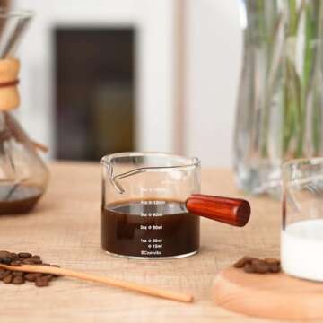 BCnmviku Double Spouts 150ML /5OZ Measuring Triple Pitcher Milk Cup with Wood Handle Espresso Shot Glasses Parts Clear Glass (1)