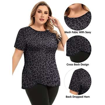 FOREYOND Women's Plus Size Workout Tops Workout Sport Tee Loose Fit Athletic Yoga Tops Running Short Sleeve Shirts, Grey Leopard, 4XL
