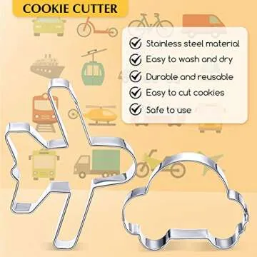 9 Pieces Transportation Vehicle Cookie Cutter Set, Train, Truck, Dump Truck, Vintage Car, Airplane, Ship, Bus, Car Shaped Stainless Steel Biscuit Cutter with 6 Pieces Sugar Stirring Pins for Baking