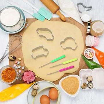 9 Pieces Transportation Vehicle Cookie Cutter Set, Train, Truck, Dump Truck, Vintage Car, Airplane, Ship, Bus, Car Shaped Stainless Steel Biscuit Cutter with 6 Pieces Sugar Stirring Pins for Baking