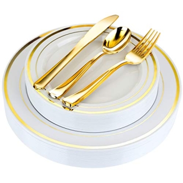 125-Piece White and Gold Fancy Plastic Plates Disposable with Silverware, Elegant Dinnerware for Wed...