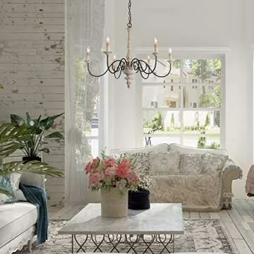 LALUZ Farmhouse Chandelier, French Country Chandelier for Dining Room, White Distressed Wood, 37” ...