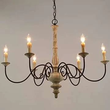 LALUZ Farmhouse Chandelier, French Country Chandelier for Dining Room, White Distressed Wood, 37” L x 28” H