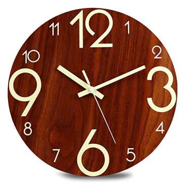 Plumeet Luminous Wall Clock - 12'' Non-Ticking Silent Wooden Clocks with Night Light - Large Decorat...