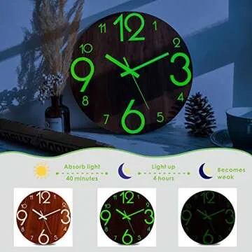 Plumeet Luminous Wall Clock - 12'' Non-Ticking Silent Wooden Clocks with Night Light - Large Decorative Wall Clock for Kitchen Office Bedroom,Battery Operated (Brown Face)