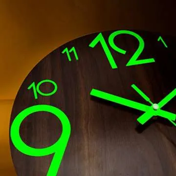 Plumeet Luminous Wall Clock - 12'' Non-Ticking Silent Wooden Clocks with Night Light - Large Decorative Wall Clock for Kitchen Office Bedroom,Battery Operated (Brown Face)