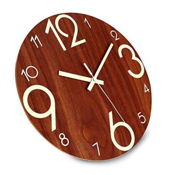 Plumeet Luminous Wall Clock - 12'' Non-Ticking Silent Wooden Clocks with Night Light - Large Decorative Wall Clock for Kitchen Office Bedroom,Battery Operated (Brown Face)