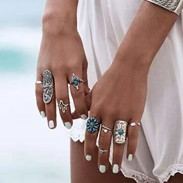 Harry and Henry Turquoise Ring Set Western Jewelry for Women Vintage Western Rings Set Boho Rings Knuckle Stackable Rings Trendy Stuff Turquoise Jewelry for Women