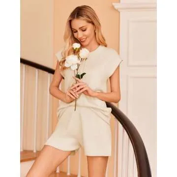 Ekouaer Women's Pajamas Cap Sleeve Knit Lounge Set 2 Piece Soft Pjs Loungewear Sweater Sets Apricot Small