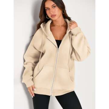 EFAN Women Zip Up Hoodies Oversized Sweatshirt Jacket 2024 Fall Fleece Cute Pullover Hooded Tops Teen Girls Casual Loose Fit Y2k Trendy Fashion Gym Clothes Outfits Apricot S