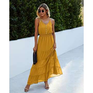 PRETTYGARDEN Women's Casual Summer Dress Spaghetti Strap Sleeveless High Waist Beach Long Maxi Sun Dresses (Yellow,Small)